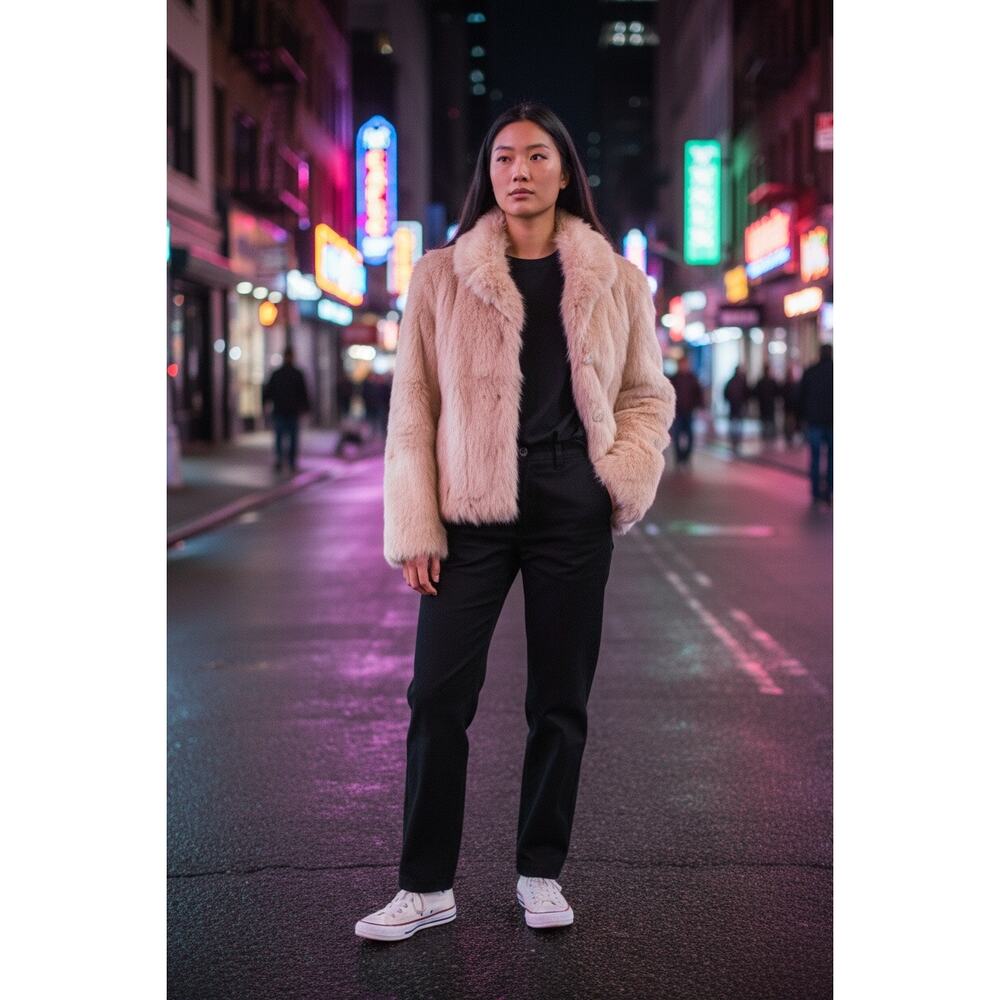 Vintage Womans Rabbit Fur Short Beige Jacket Small Mob Wife Old Money